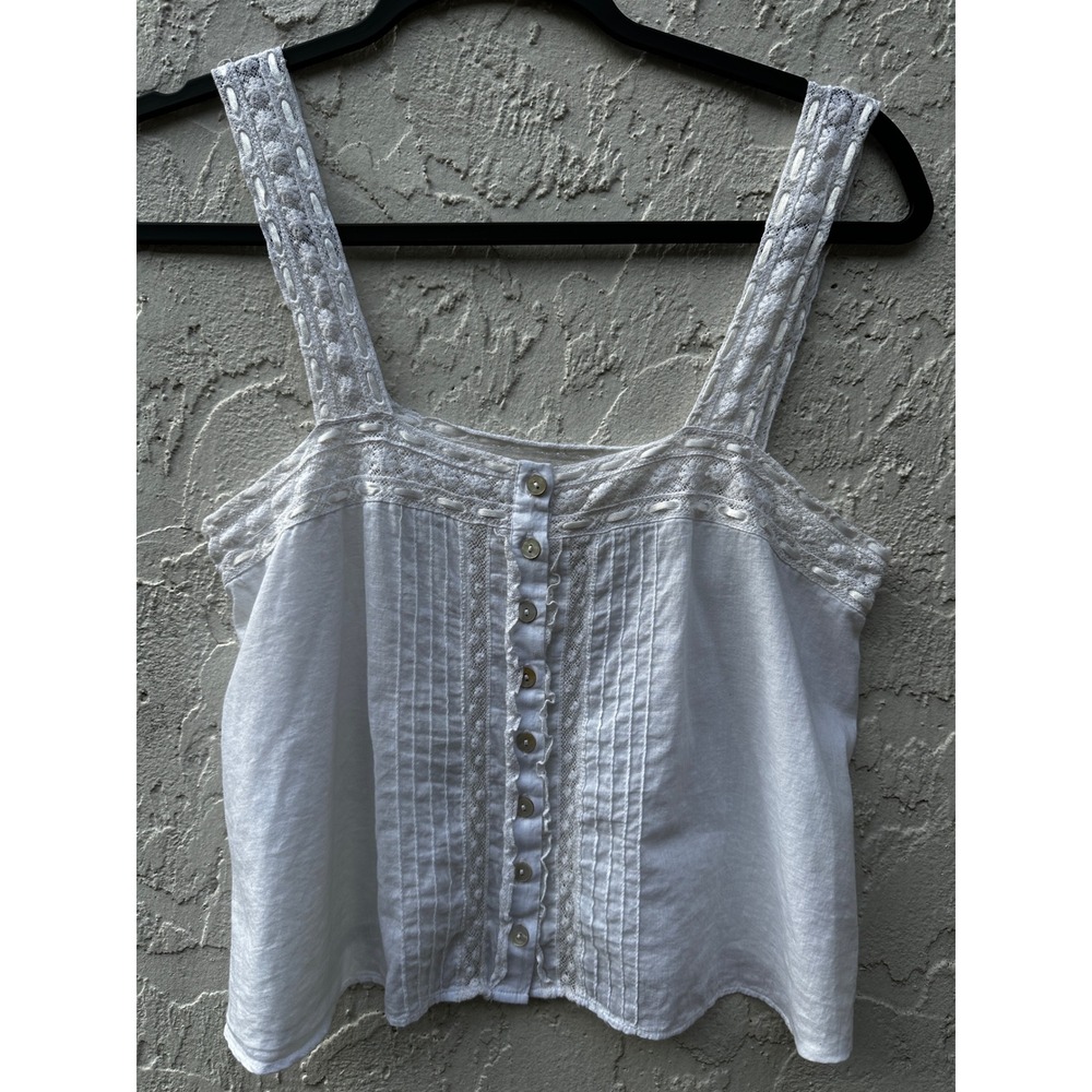 LoveShackFancy Daisy White Lace Trim Pintuck Button Front Camisole Tank Top XS